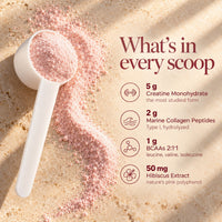 What's in every scoop of Lyrenna: 5 g creatine monohydrate, 2 g marine collagen peptides, 1 g BCAAs 2:1:1 and 50 mg hibiscus extract