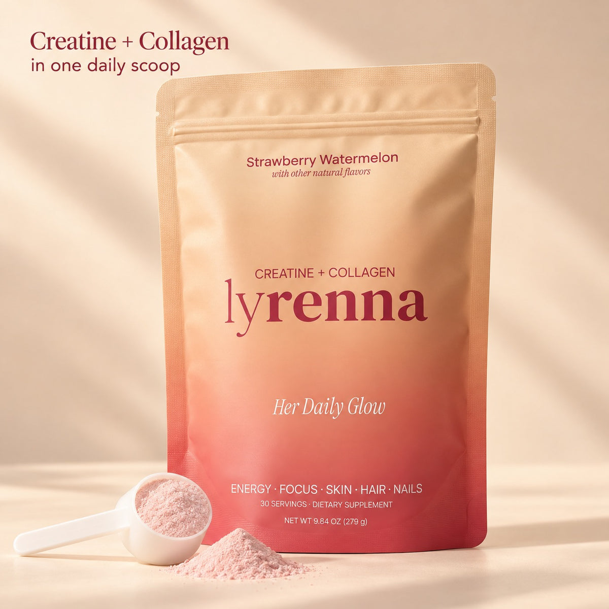 Lyrenna Creatine + Collagen Strawberry Watermelon pouch with a scoop of pink powder, creatine and collagen in one daily scoop