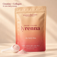 Lyrenna Creatine + Collagen Strawberry Watermelon pouch with a scoop of pink powder, creatine and collagen in one daily scoop